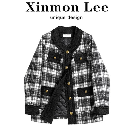 XinmonLee retro Korean style all-match plaid jacket women's winter thickened design unique top