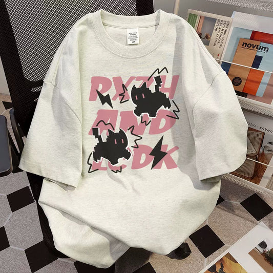 Pure cotton American retro cartoon print short-sleeved T-shirt for women in summer new loose round neck college style all-match tops