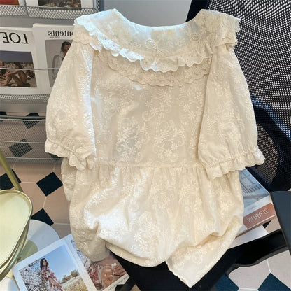 High-end retro chic lace babydoll top, unisex summer floral embroidery Mori-style short-sleeved shirt