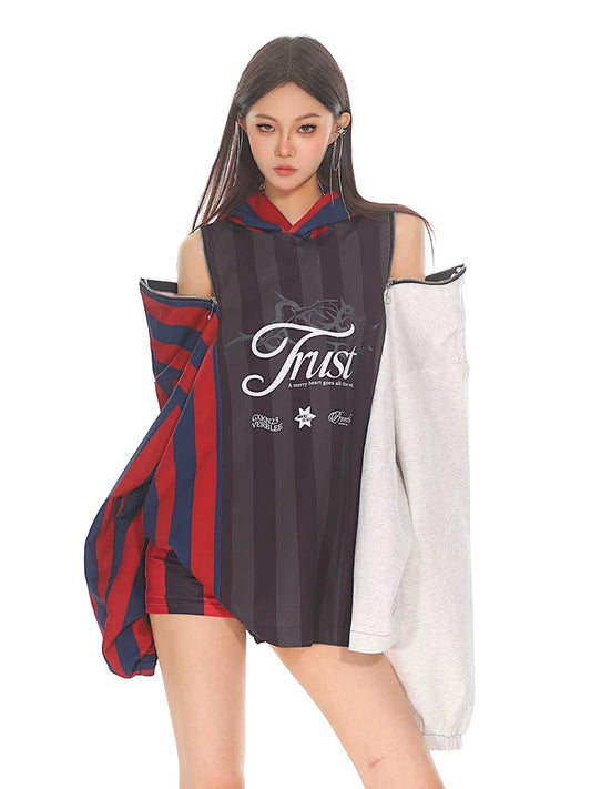 CCUP SPACE zipper splicing contrast striped jersey hooded sweatshirt for women in autumn and winter with off-the-shoulder top