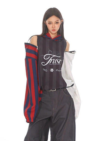CCUP SPACE zipper splicing contrast striped jersey hooded sweatshirt for women in autumn and winter with off-the-shoulder top