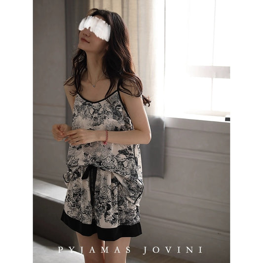 Qiaoweini Pajamas Women's Summer Ice Silk Suspender Shorts Two-piece Set with Breast Pad Sexy Thin Style 2024 New Style