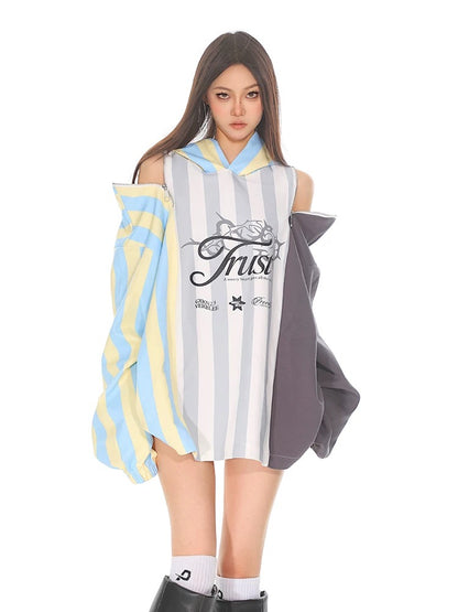 CCUP SPACE zipper splicing contrast striped jersey hooded sweatshirt for women in autumn and winter with off-the-shoulder top