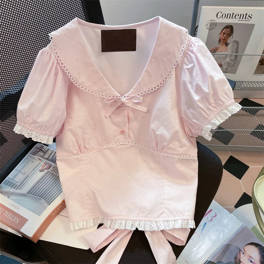 Pink designer bow tie waist-cinching short-sleeved shirt, sweet and stylish summer lace Peter Pan collar cropped top