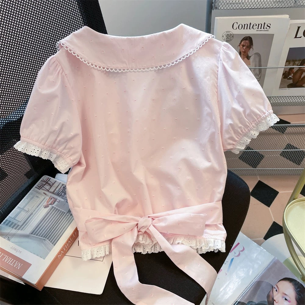 Pink designer bow tie waist-cinching short-sleeved shirt, sweet and stylish summer lace Peter Pan collar cropped top