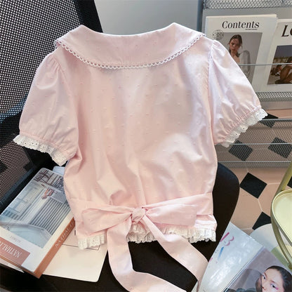 Pink designer bow tie waist-cinching short-sleeved shirt, sweet and stylish summer lace Peter Pan collar cropped top
