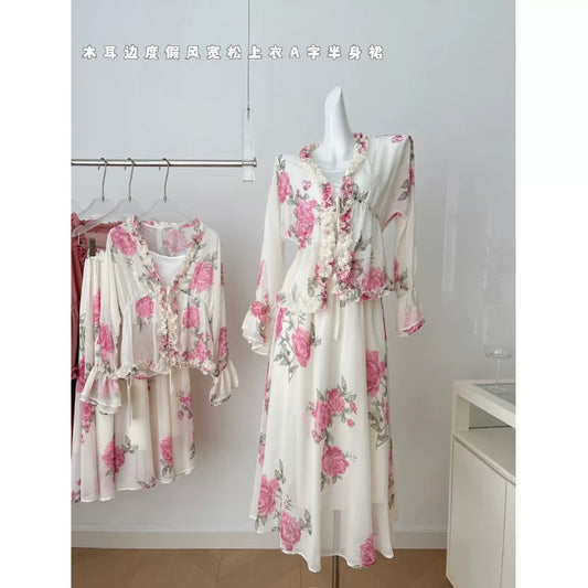 Miyou homemade spring comic French heavy wood ear edge holiday style loose top A-line skirt suit spring