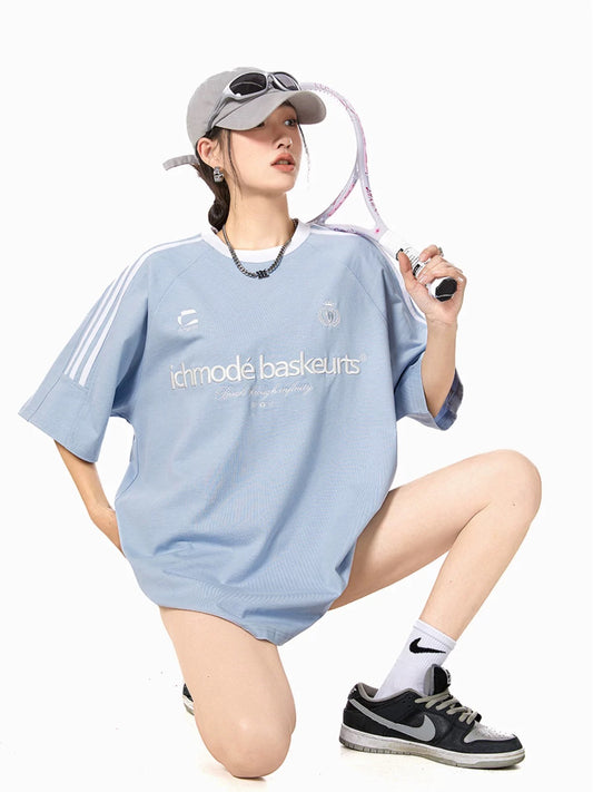 ICH MODE star's same style 260G sports style American retro round neck short-sleeved slim versatile webbing T-shirt for women