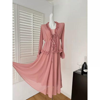 Miyou homemade spring comic French heavy wood ear edge holiday style loose top A-line skirt suit spring