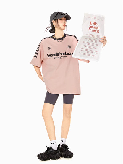 ICH MODE star's same style 260G sports style American retro round neck short-sleeved slim versatile webbing T-shirt for women