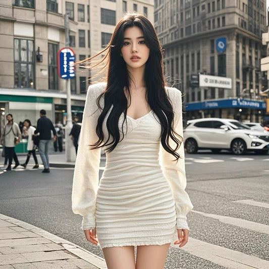 Coco KEKE 2024 new autumn V-neck temperament slimming slim hip pleated dress