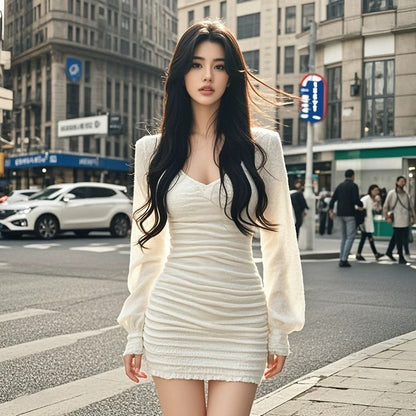 Coco KEKE 2024 new autumn V-neck temperament slimming slim hip pleated dress