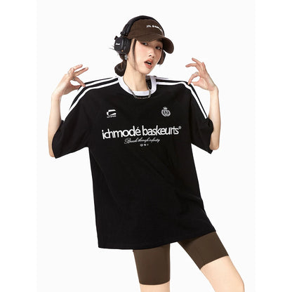 ICH MODE star's same style 260G sports style American retro round neck short-sleeved slim versatile webbing T-shirt for women