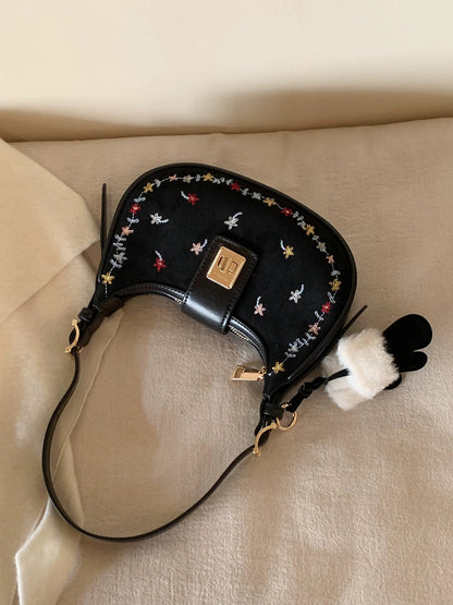 Chio2nd Colorful Dream Embroidered Mini Crescent Moon Shoulder Bag for Women, Autumn/Winter Style.
