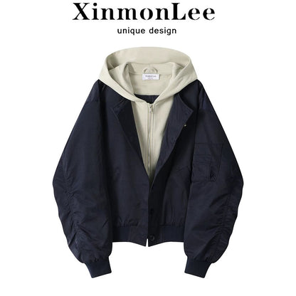 XinmonLee retro loose jacket hooded windbreaker women's autumn and winter new design fake two-piece coat top