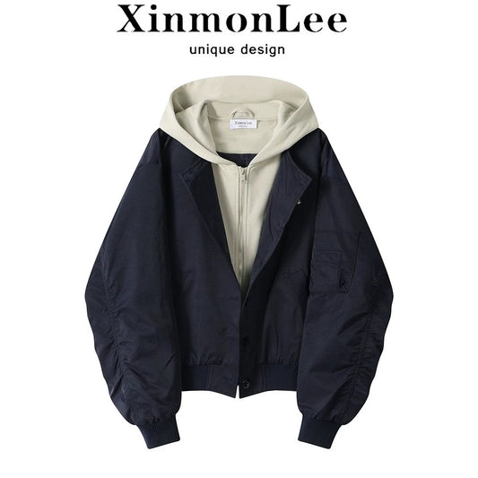 XinmonLee retro loose jacket hooded windbreaker women's autumn and winter new design fake two-piece coat top
