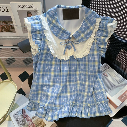 Japanese retro cute teddy bear plaid shirt, new summer style for men and women, sweet and youthful, with flutter sleeves, babydoll top.