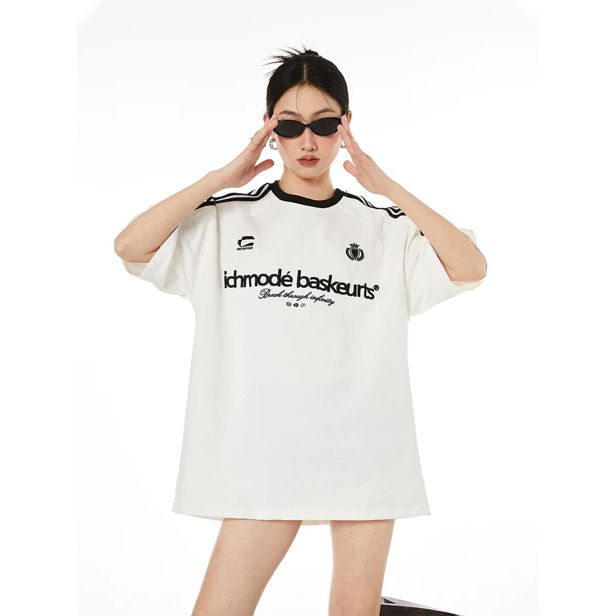 ICH MODE star's same style 260G sports style American retro round neck short-sleeved slim versatile webbing T-shirt for women