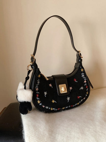 Chio2nd Colorful Dream Embroidered Mini Crescent Moon Shoulder Bag for Women, Autumn/Winter Style.