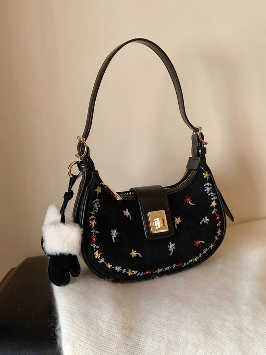 Chio2nd Colorful Dream Embroidered Mini Crescent Moon Shoulder Bag for Women, Autumn/Winter Style.