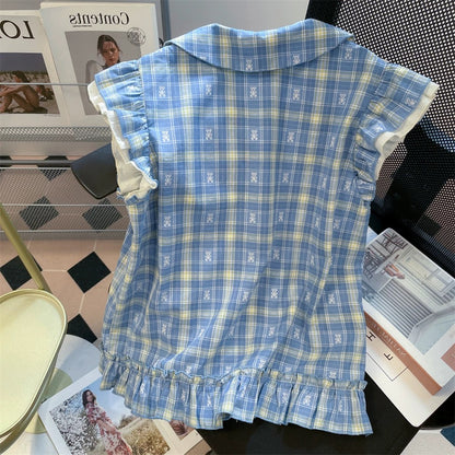 Japanese retro cute teddy bear plaid shirt, new summer style for men and women, sweet and youthful, with flutter sleeves, babydoll top.