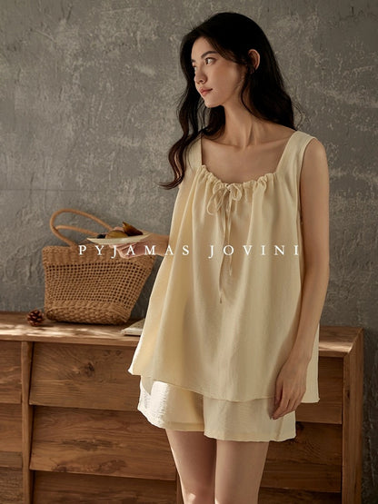 Qiaoweini pajamas for women summer style cool suspender shorts two-piece set loose with breast pad to prevent bumps thin set