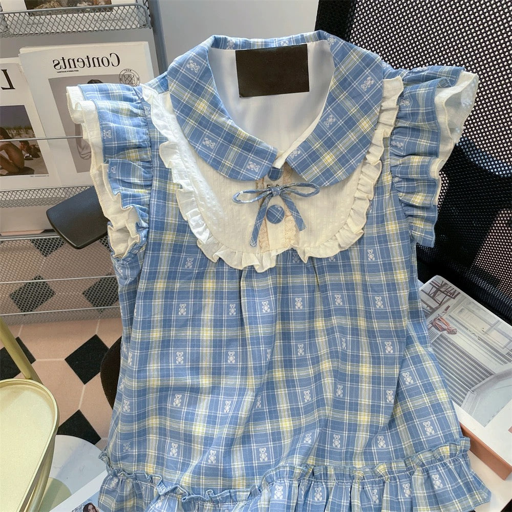 Japanese retro cute teddy bear plaid shirt, new summer style for men and women, sweet and youthful, with flutter sleeves, babydoll top.