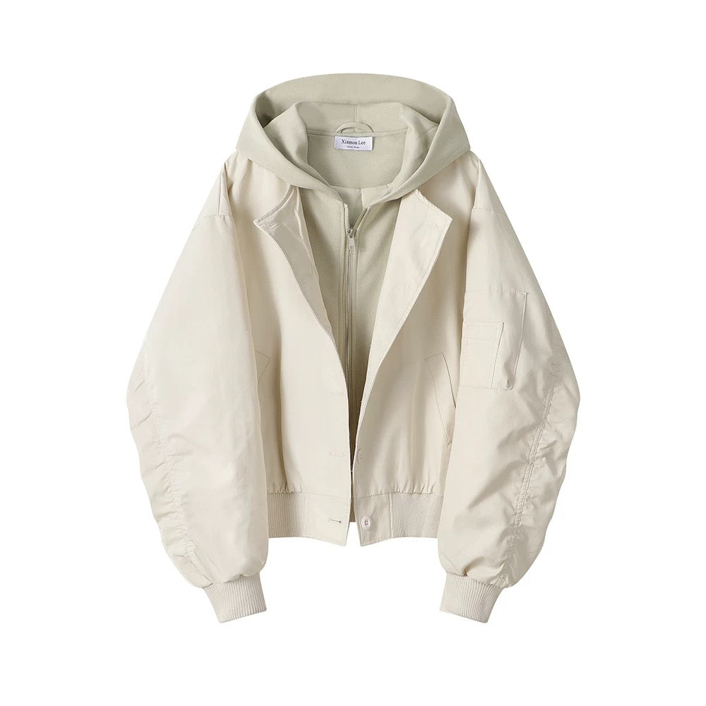 XinmonLee retro loose jacket hooded windbreaker women's autumn and winter new design fake two-piece coat top
