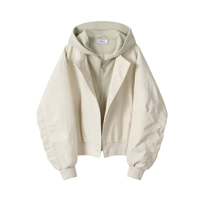 XinmonLee retro loose jacket hooded windbreaker women's autumn and winter new design fake two-piece coat top