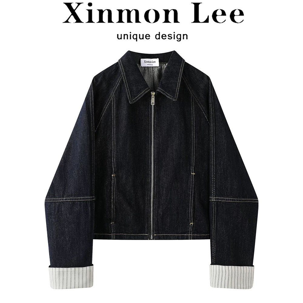XinmonLee Korean retro temperament denim jacket zipper cardigan splicing striped cuffs design jacket spring