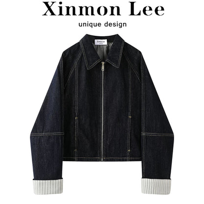 XinmonLee Korean retro temperament denim jacket zipper cardigan splicing striped cuffs design jacket spring