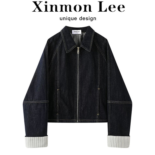 XinmonLee Korean retro temperament denim jacket zipper cardigan splicing striped cuffs design jacket spring