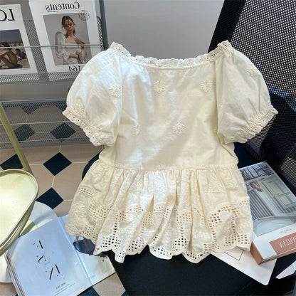 Japanese style petite tie-neck floral shirt, new summer style for men and women, sweet puff sleeve babydoll top.