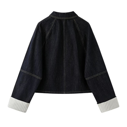 XinmonLee Korean retro temperament denim jacket zipper cardigan splicing striped cuffs design jacket spring