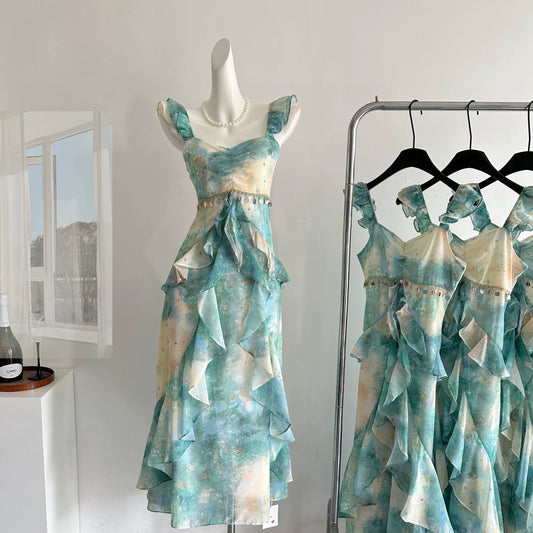 Miyou homemade forest floating summer sling temperament dress female summer print slim long dress