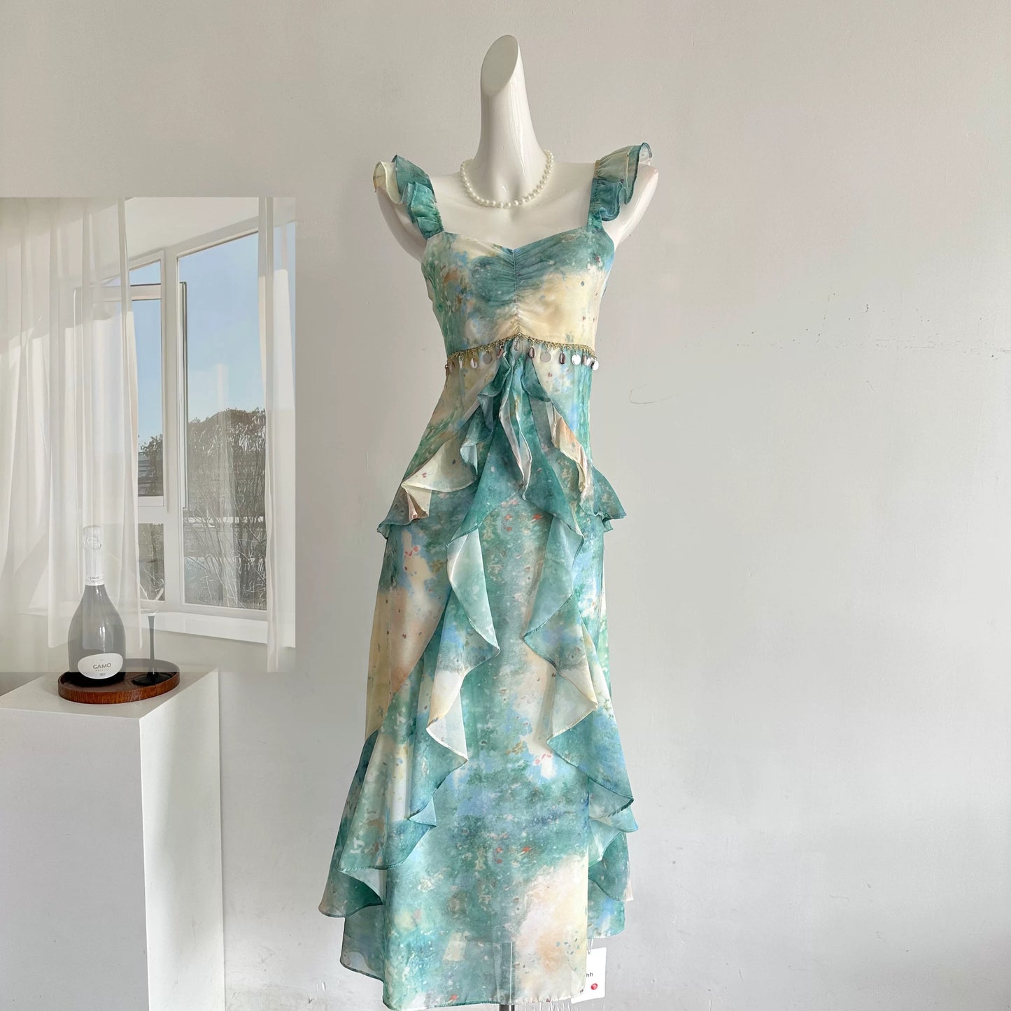 Miyou homemade forest floating summer sling temperament dress female summer print slim long dress