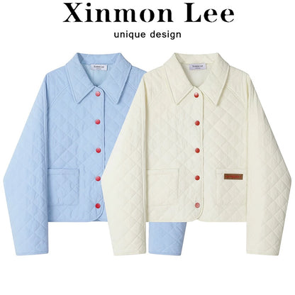 XinmonLee Korean style age-reducing temperament sweet diamond-shaped small fragrance style cotton coat autumn and winter short jacket top