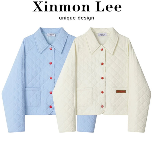 XinmonLee Korean style age-reducing temperament sweet diamond-shaped small fragrance style cotton coat autumn and winter short jacket top