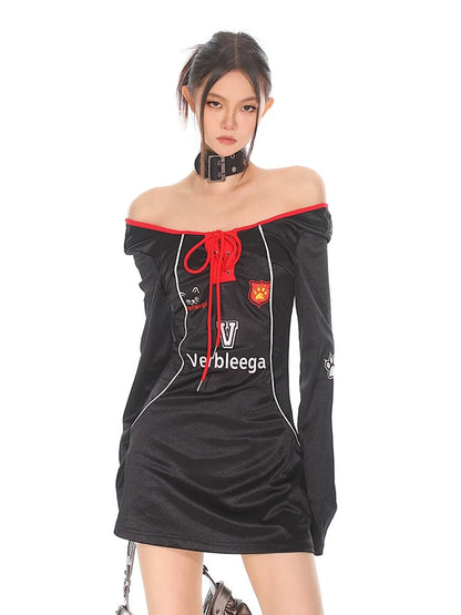 CCUP SPACE American hot girl contrasting color sports style one-shoulder strap design slim dress for women in autumn