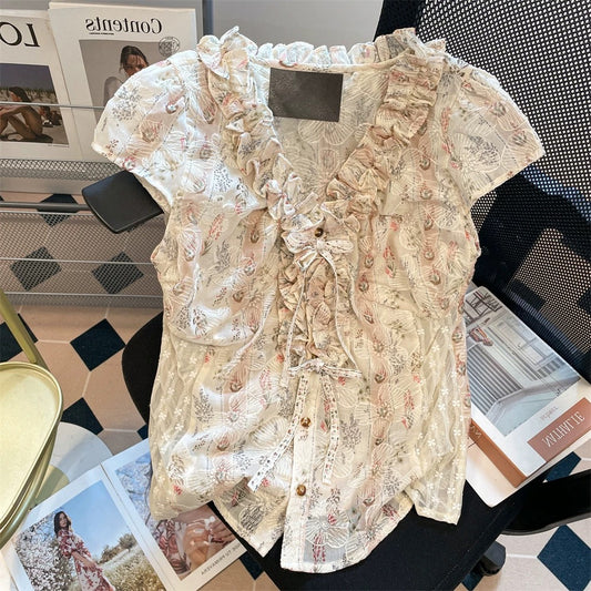 French-style V-neck tie-waist floral short-sleeved shirt, unisex summer retro style, ruffled trim, fitted waist top