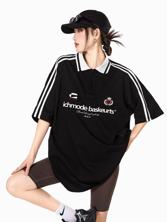 ICH MODE American 270g striped Polo short-sleeved T-shirt for women summer new loose sports half-sleeved top