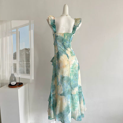Miyou homemade forest floating summer sling temperament dress female summer print slim long dress