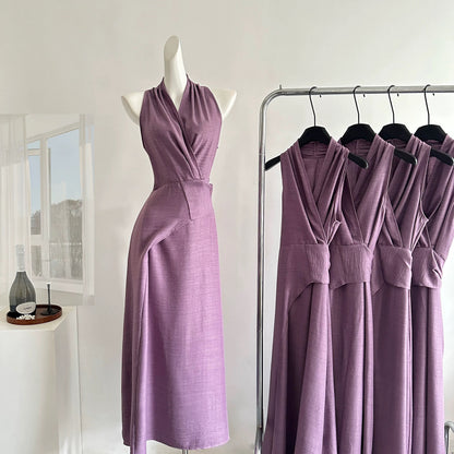 Miyou homemade Qingwan temperament purple v-neck halter dress female design waist strap vest dress