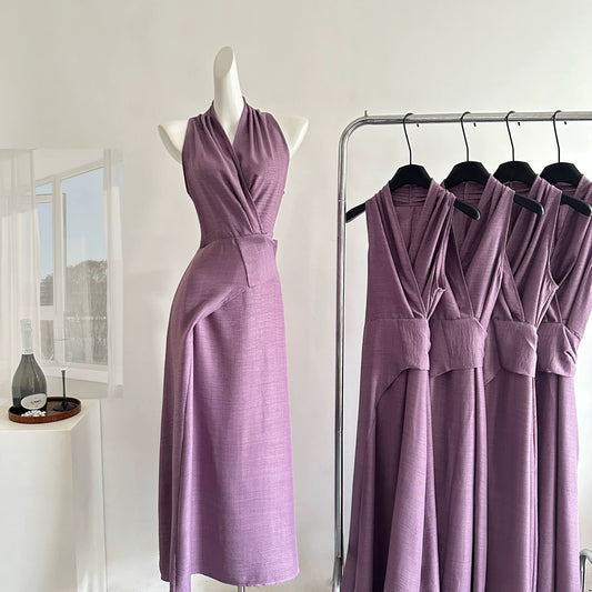 Miyou homemade Qingwan temperament purple v-neck halter dress female design waist strap vest dress
