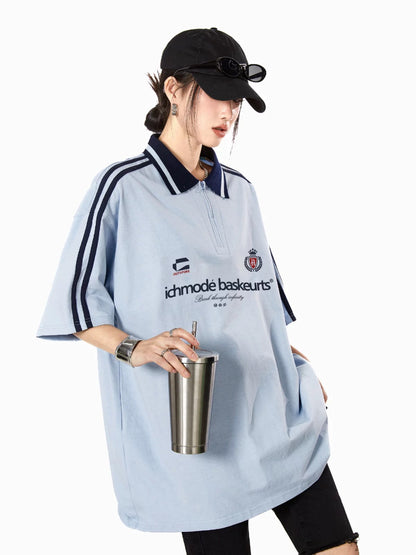 ICH MODE American 270g striped Polo short-sleeved T-shirt for women summer new loose sports half-sleeved top