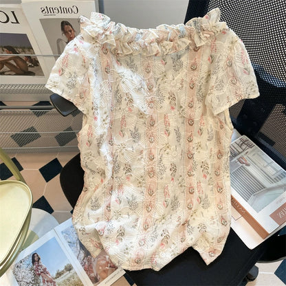 French-style V-neck tie-waist floral short-sleeved shirt, unisex summer retro style, ruffled trim, fitted waist top