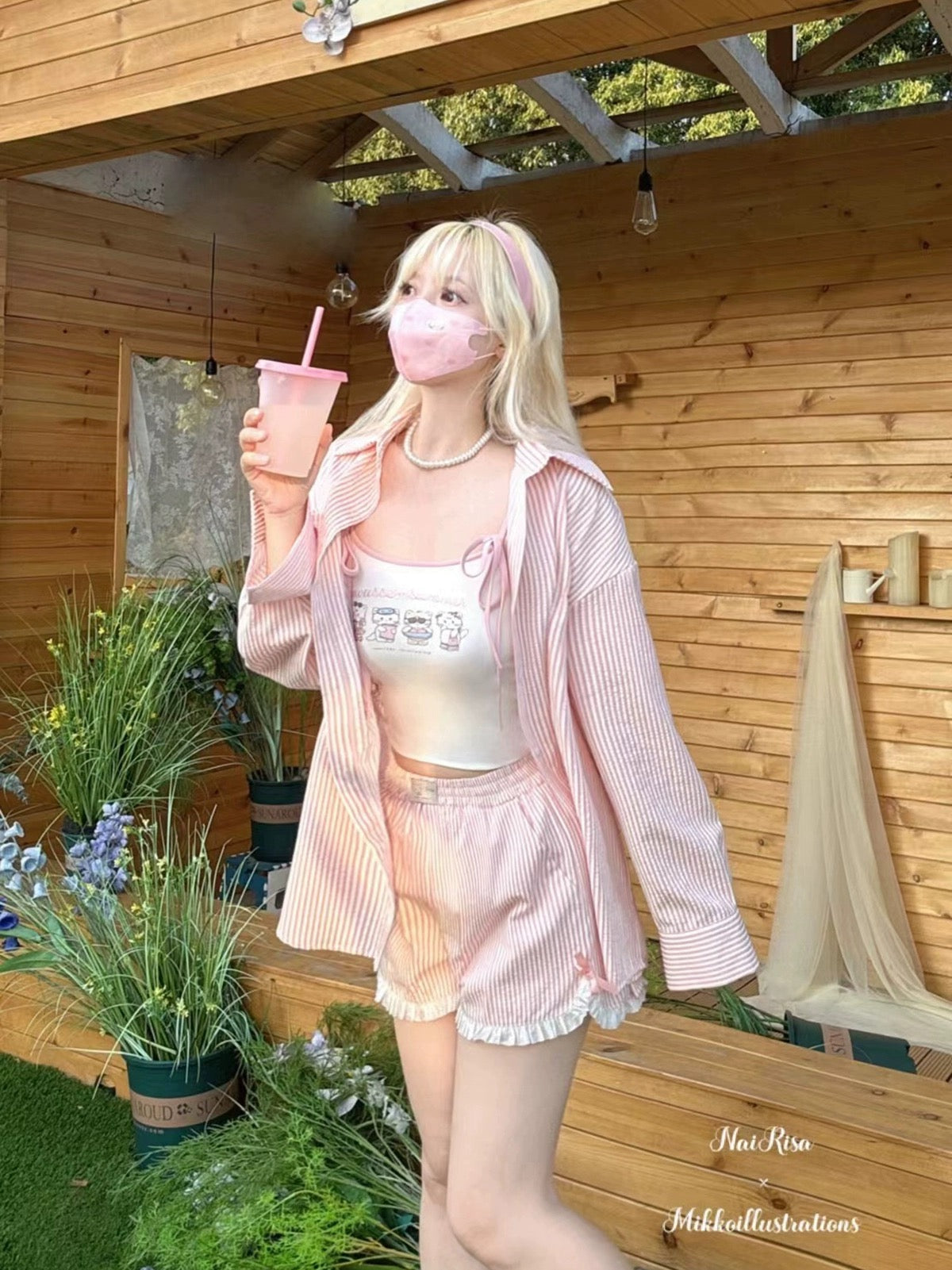 NaiRisa X Mikko Summer Long Sleeve Shirt Bubble Cotton Print Embroidery Striped Sun Protection Shirt Shorts