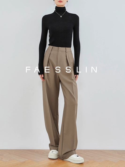 FAESSLIN【Old Money Style】Wide-leg suit trousers with mid-seam Maillard high-waisted straight-leg suit trousers for women in spring and autumn