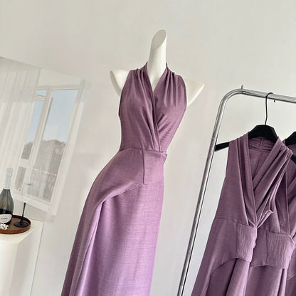 Miyou homemade Qingwan temperament purple v-neck halter dress female design waist strap vest dress