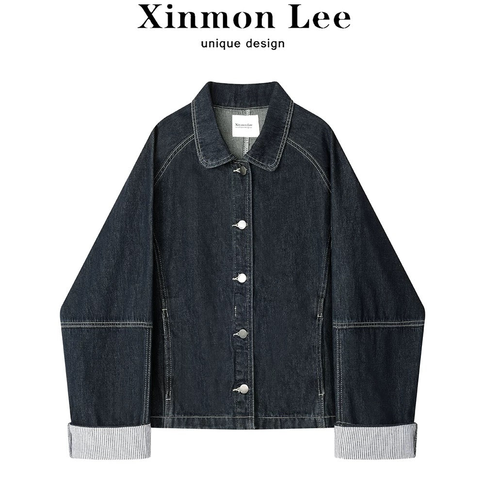 XinmonLee Korean retro design sense bright line denim jacket autumn striped stitching cuffs jacket cardigan